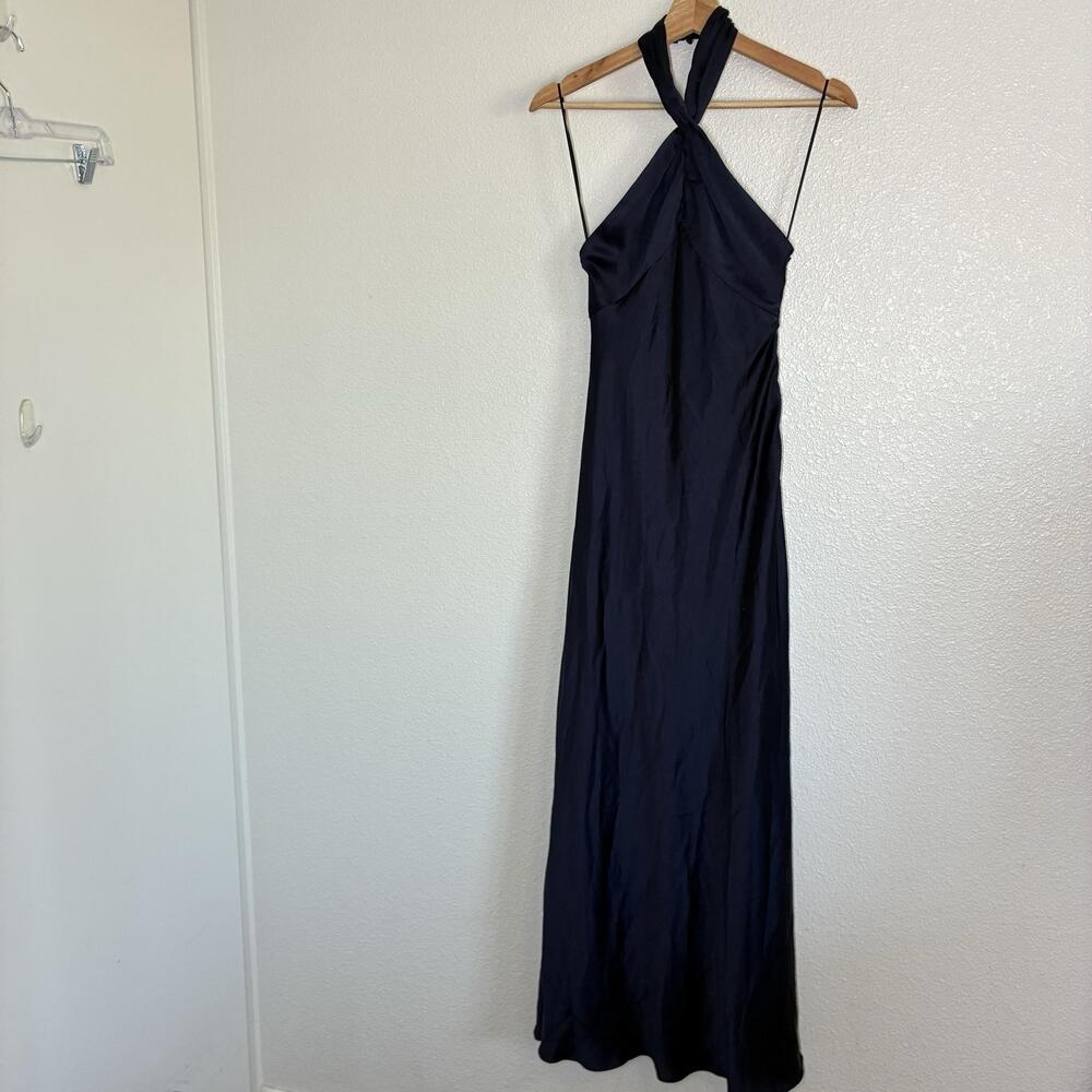 BHLDN Dress Womens XXS Navy Blue Satin Halter Maxi Slip Lined Formal Wedding